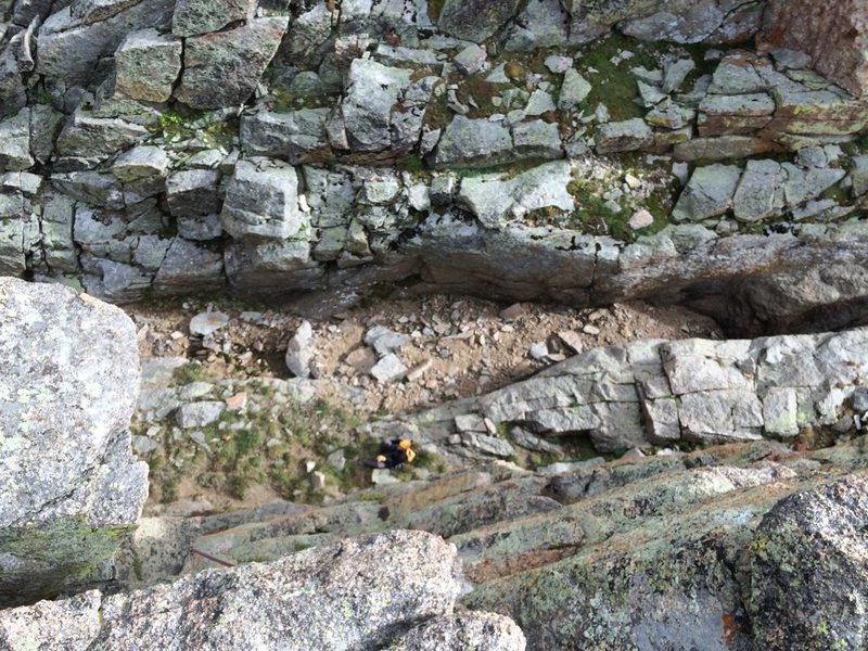 Looking down to the rappel gully.