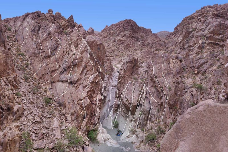 Photo: George Smith. Left to right: Chuckwalla Couloir, Chuckwalla Wall (everything next to the talus), Waterfall Area (everything from the wash), & Beginner Crag (last four routes on the right)