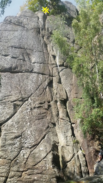 The two crags where the route mainly is in the left.