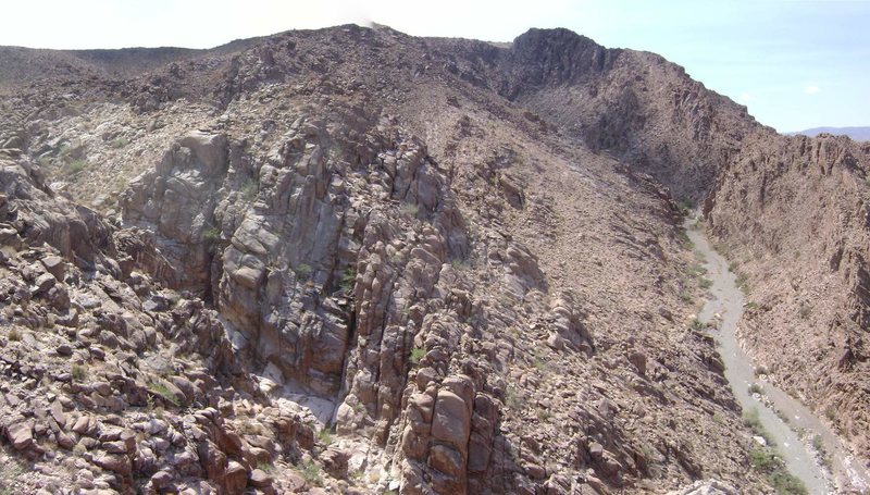 Photo: George Smith. Looking south at the upper canyon. The first cliffs on the left are at the mouth of Far Side Canyon, a small side canyon of Keyhole and on the left a little ways above the First Waterfall.