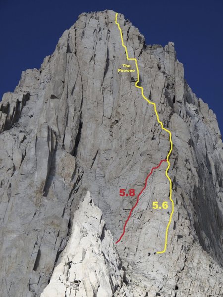 Topo aspect from Iceberg Lake showing 5.8 alternate start for the first pitch. Highly recommend this variation. Climbers can be seen on first pitch of regular 5.6 start.