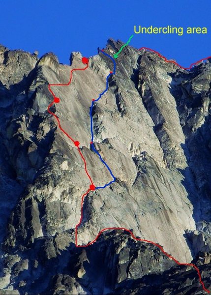 Overlay by JPlotz posted on Cascade Climbers. Red is where many parties seem to head up early. The blue line is the route described in Nelson's selected climbs.<br>
<br>
http://cascadeclimbers.com/forum/ubbthreads.php/topics/594125/TR_Dragontail_Peak_Backbone_Ri
