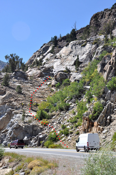Approach to Girls On Fire 200 ft west of the Green Bridge on the Tioga Pass Road.
