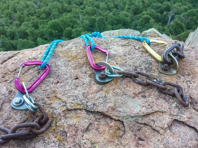 Here are the anchors up top at High Anxiety. Stainless Steel bolt on left is bomber, however, the two rusted bolts on the right should be replaced.