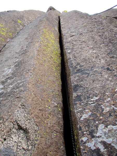 Looking up Rodeo Crack from the base of the route.