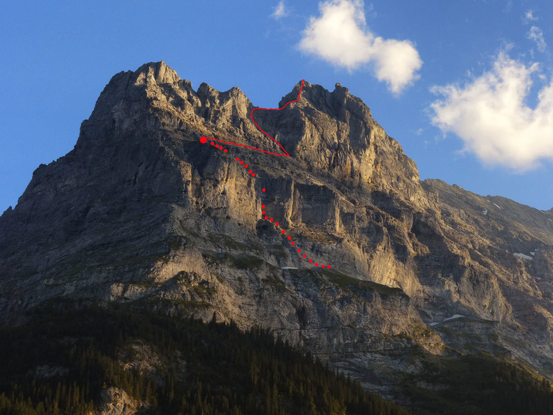 Rough topo of via Ferrata to Ostegg Hut (red dot) and initial pitches to the Saddle gaining the ridge.