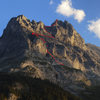 Rough topo of via Ferrata to Ostegg Hut (red dot) and initial pitches to the Saddle gaining the ridge.