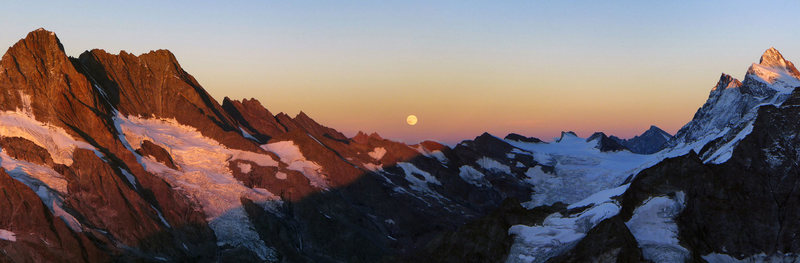 Evening view to the south from Mittellegi Hut. Full Moon rising.