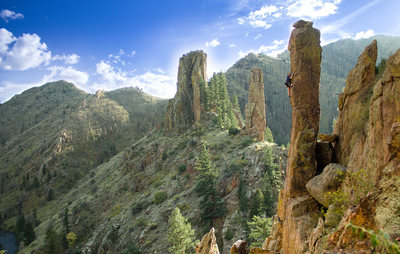 Grant Isaacs climbing the Scepter.<br>
<br>
Photo by Clayton MacBride, 2014.