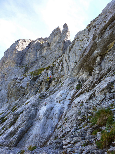 Ascending fixed ropes towards the final couloir leading to Ostegg Hut.