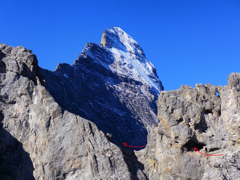 Cave leading through the ridge to easier ground. Eiger in the background.