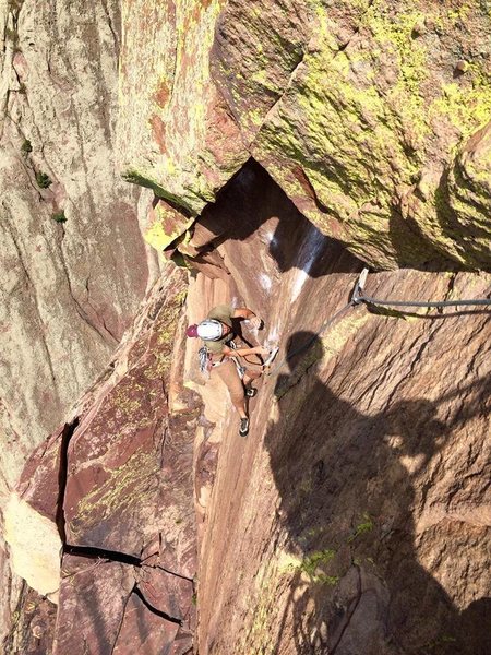 4th pitch dihedral below the Bombay roof chimney.<br>
<br>
Photo credit: Patrick Heddins.
