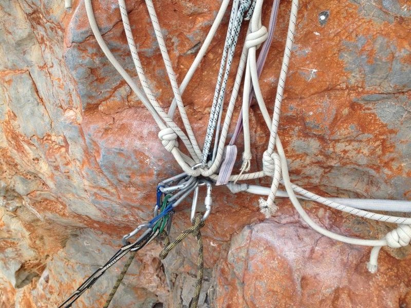 Bomber(?) anchor at the first belay of Orange Chandeliers.