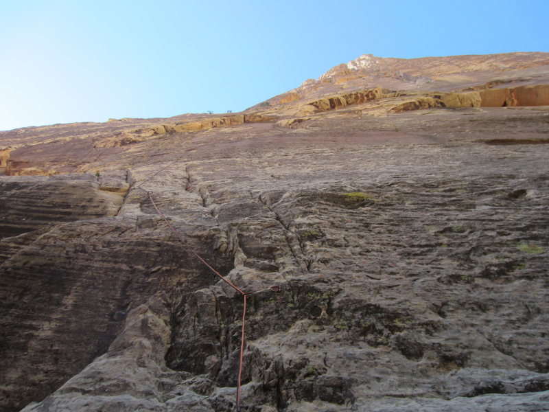 Looking up the first pitch. The most difficult move of the entire route is probably just after the first bolt.