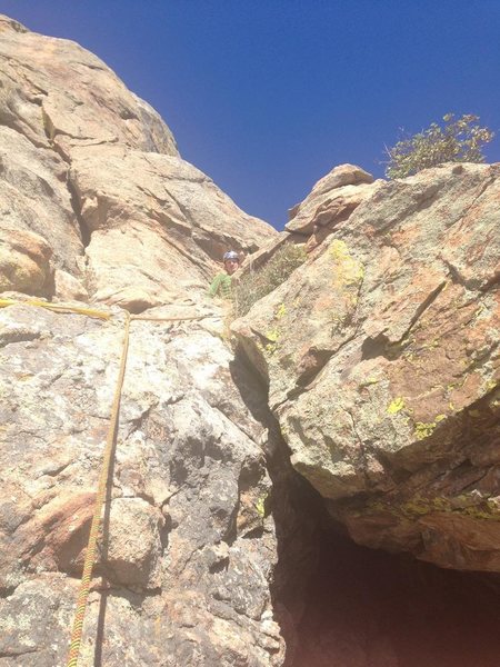 Looking up to second belay. You can belay on ledge where anchor in picture is or move and have a nice sitting belay.