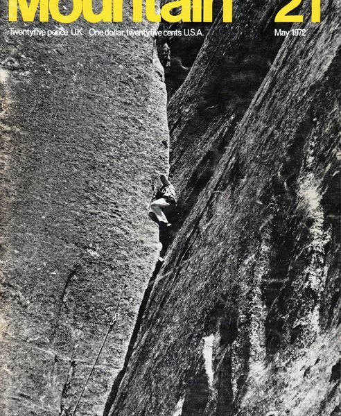 Tom Higgins at the crux of the route ( from 1972 climbing mag)