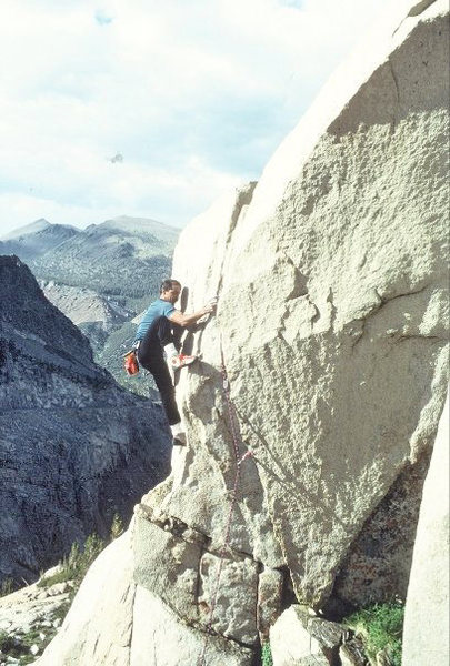 Marc Hill on the FA of "Hidden Persuasion" (5.10d under-cling). Hill/Morris/Yerian August 1990.