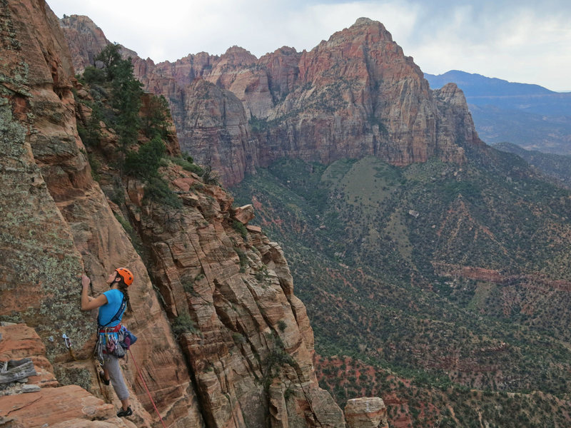 Emily Reinsel moves onto the arete of P10.