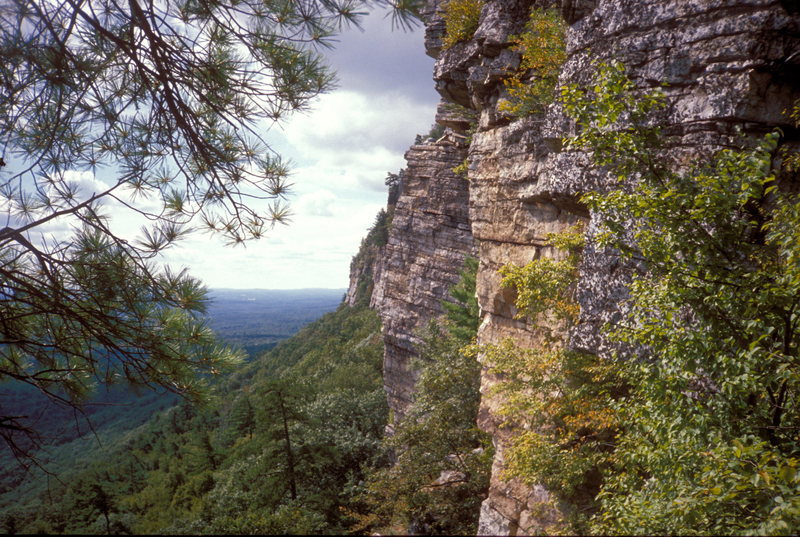 The Trapps / Gunks / Looking south from belay on Ant's Line / orange Obstacle Delusion buttress at right center & gray High Exposure buttress dead center.