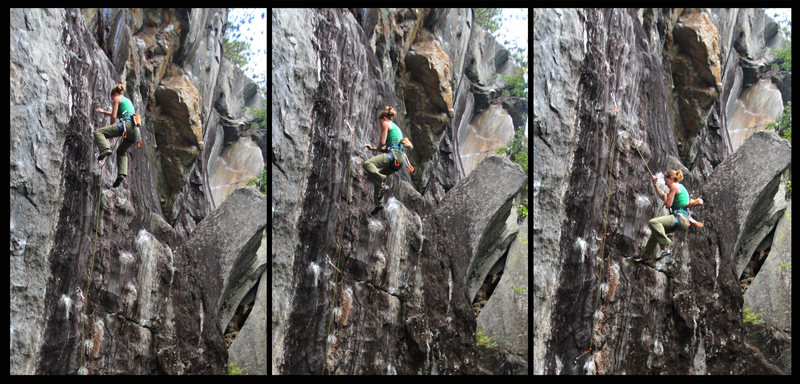 The falls are all safe on this one. Have some fun going for it. Torie demonstrates the fall from the crux...