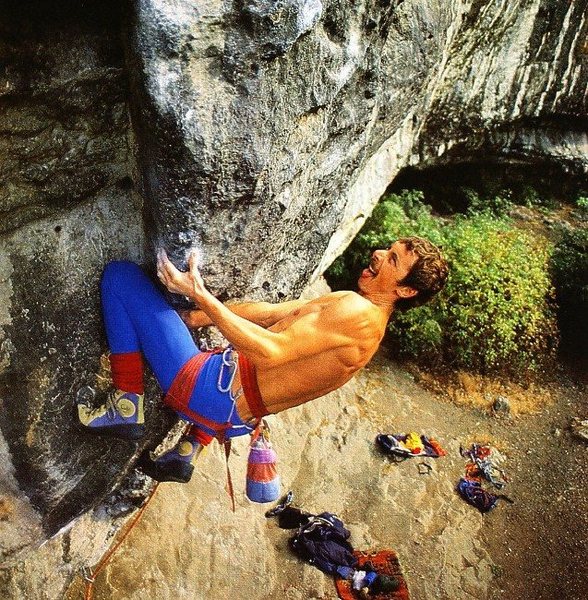 Ron Fawcett on Revelations (8a+/5.13c), Raven Tor <br>
<br>
Photo by John Beatty