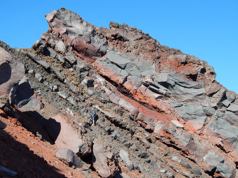 The section of 4th class down climbing.<br>
This is almost, but not quite as steep as it looks. The climber in the photo just came nearly straight down. Other options doubtless exist.