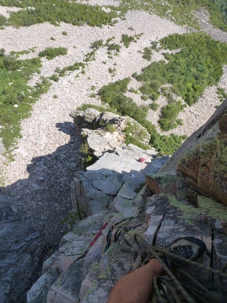 Looking down from a belay above the 5.8 variation pitch.