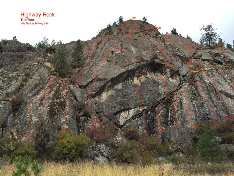 Hi way rock, mile post 28 st route 291, about 6 miles west of Tum Tum.  <br>
These are routes added in 2015 so far.  More new development coming.