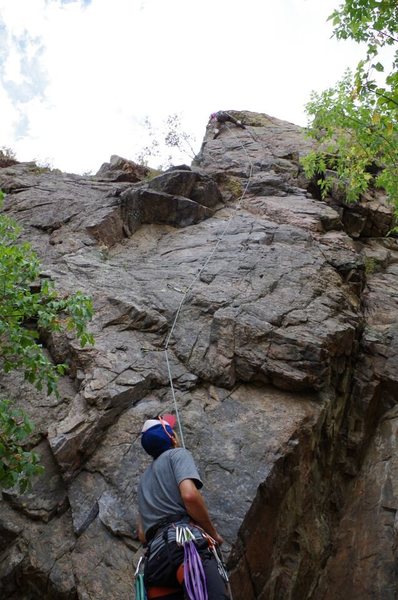 The belay looking up at Buckets of Rain, Canal Zone.