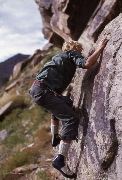 Eric Ming bouldering at Morrison circa 1976 sporting some brand new EBs!