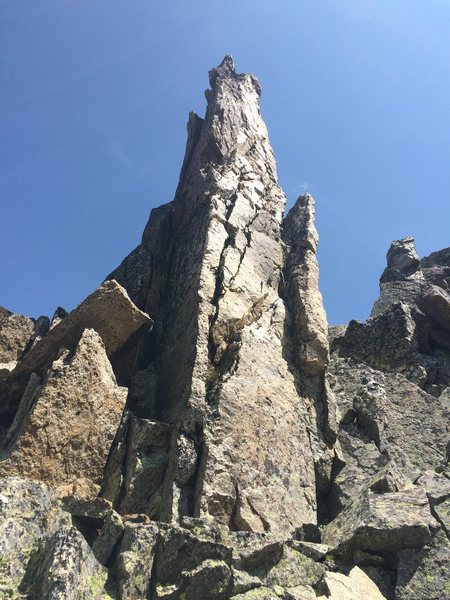 We climbed up the arête that separates the sun from the shade in the center of the picture. The ridge to the right leads up to the summit of Peak 12,878.
