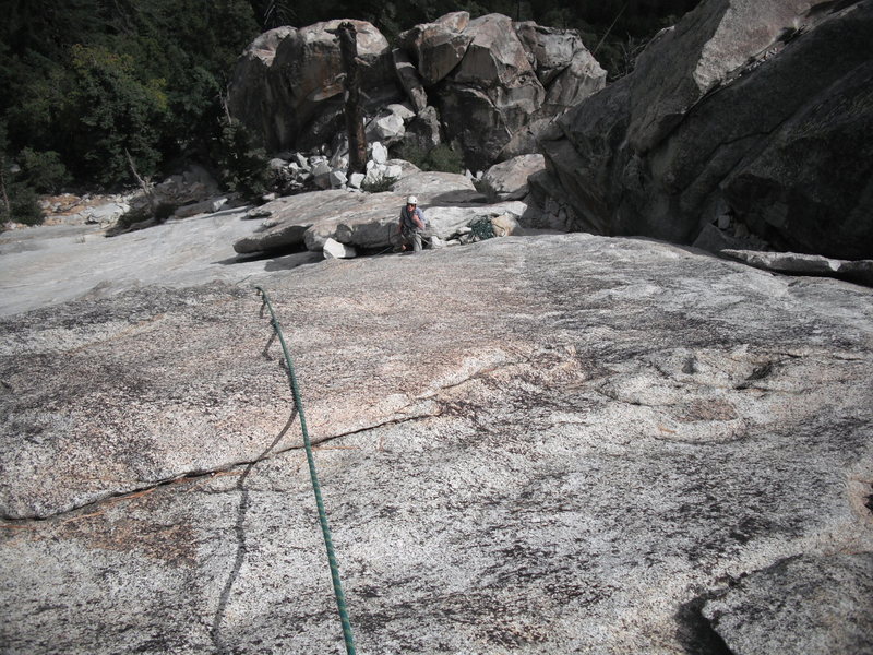 Looking down from partway up the second pitch. I went right from the belay, then up for 30' then back left, following the easiest path. About 5.7/5.8 in here.
