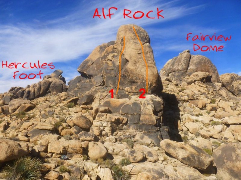 SW side of Alf Rock looking from the Hoodie. Hercules Foot is NW of Alf and Fairview Dome is above to the NE.
<br>
<br>
1. Close Encounter (5.12a)
<br>
2. Alien Highway (5.10c)