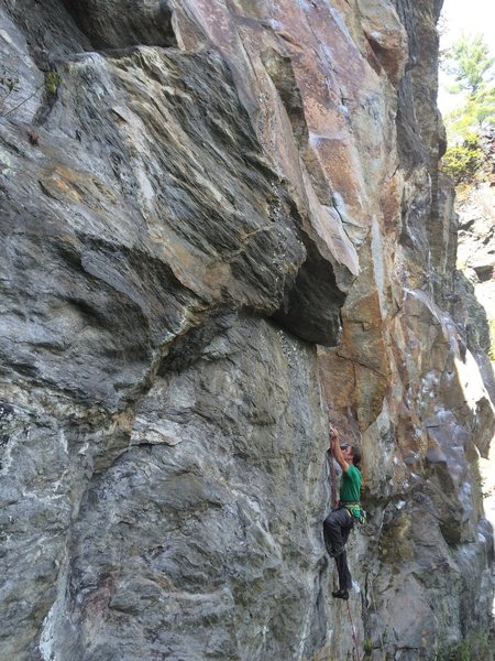 Tim Mijal clipping down low. He is entering the crimping prelude to the funky crux.