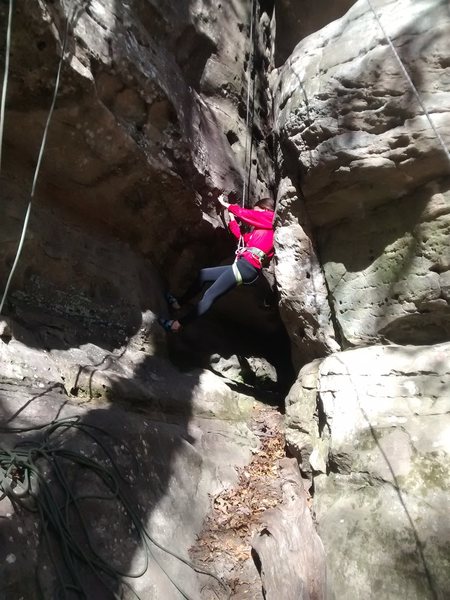 Local hero Jaime at the start, and likely the crux of the chimney. Things went better when she got turned around.