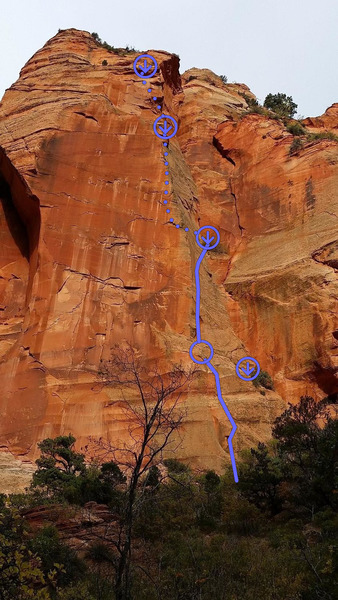 Overview of the wall with topo. Third and fourth pitches are hidden behind the upper wall.
