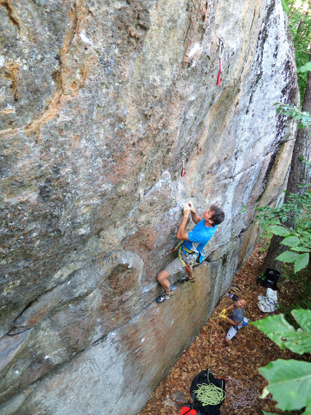 The bottom section of Say Hello. The crux is the dyno that launches from the two chalked crimps at the top of the photo.