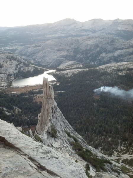 View from the descent including smoldering fire, mid Sept 2015.