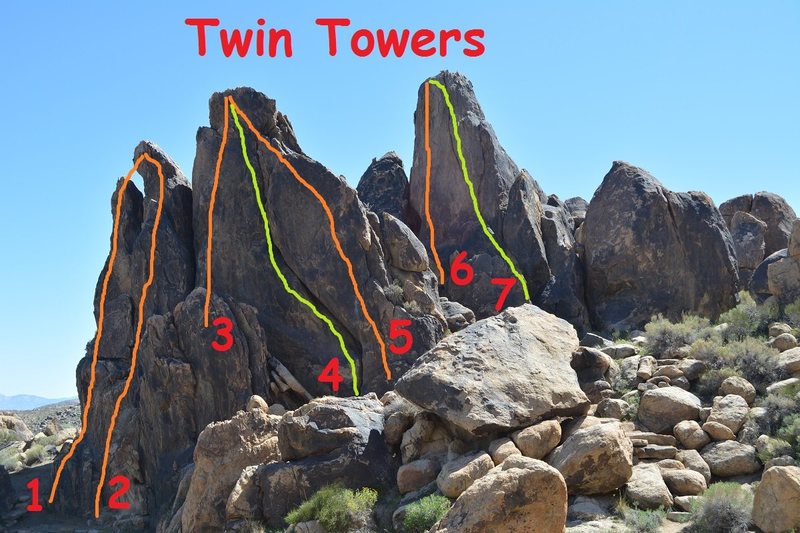 Left to Right the routes are:<br>
<br>
1. 7*<br>
2. 10a*<br>
3. 9<br>
4. 9<br>
5. 8**<br>
6. 9* <br>
7. 6