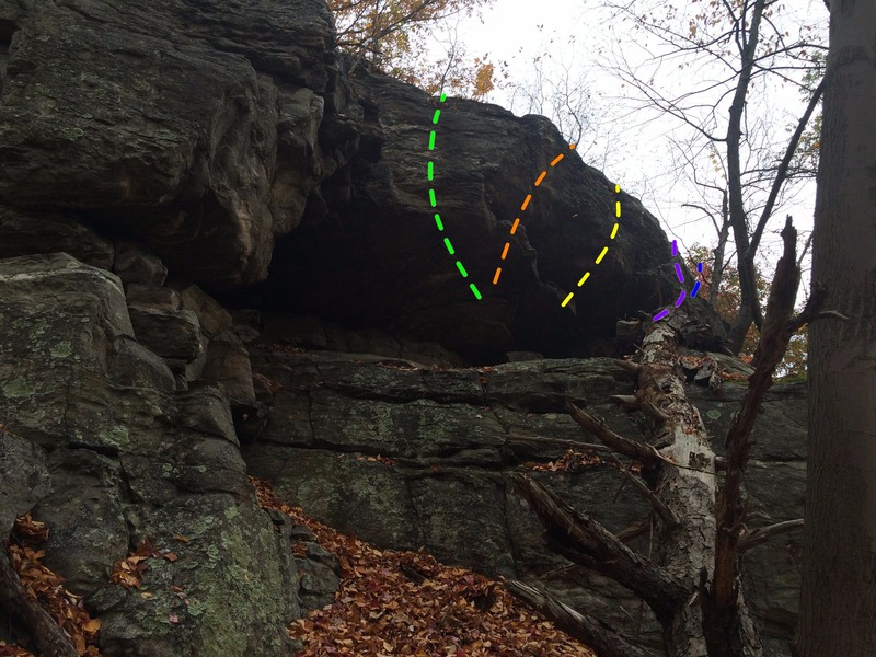 Overhang with multiple problems, near the Throne Boulder in the upper highlands. Left's Last Stand (green), Bulge Tour (orange), Ears Are for Corn (yellow), Butter Balls (purple), Palms for the Poor (blue finish off purple start).
