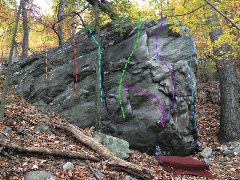 Struth Boulder. Big Easy (orange), Smooth Sailing (red), Seams Easy (teal), The Squinch (green), The Struth (purple), Steve E. Wonder Arete (blue). Pink is a project link-up.