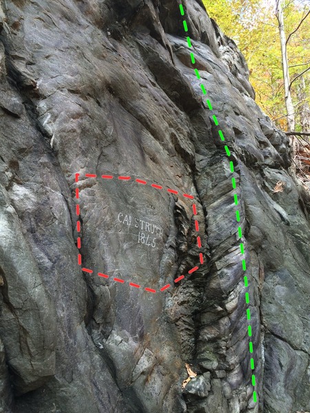 Unsolved Mysteries (green). The engraving has never been deciphered though has been reported to the NPS. Can you solve the mystery? Don't climb on the mystery, palease.
