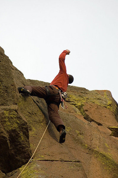 First ascent of Geologic Time. Jeff W. and Pat M. told me about this line. The only reason they didn't already send it was Gavin's story about the hanging column supposedly moving. I was hungry for a Trout Creek FA and set to work! <br>
<br>
Someday that column will fall...