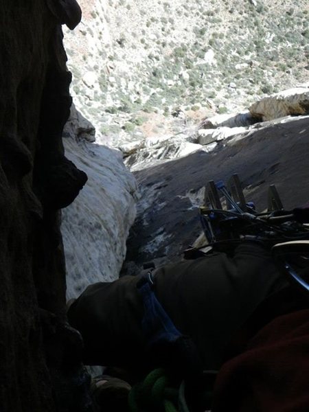 Looking down from the surprisingly secure crux roof