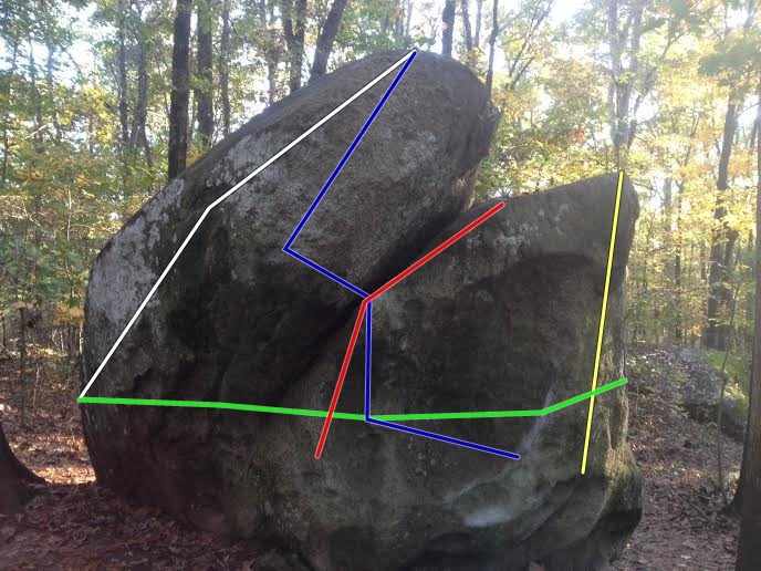 Spiderman Routes - Spiderman Crack(red), Spiderman Arete(yellow), Spiderman Direct(blue), Spiderman Traverse(white), Anti-venom(green)