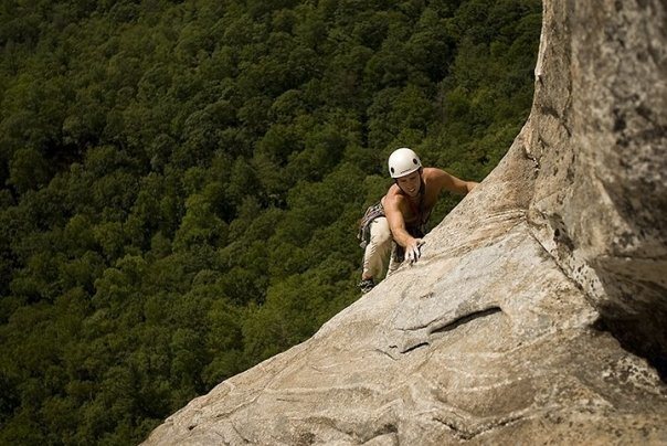 Leading over the bulge to the belay at the end of the 3rd pitch. Photo credit: Shane Minton