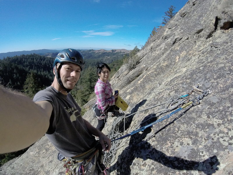Hanging out at the first belay, Chris Kreutzer and Pam Ng