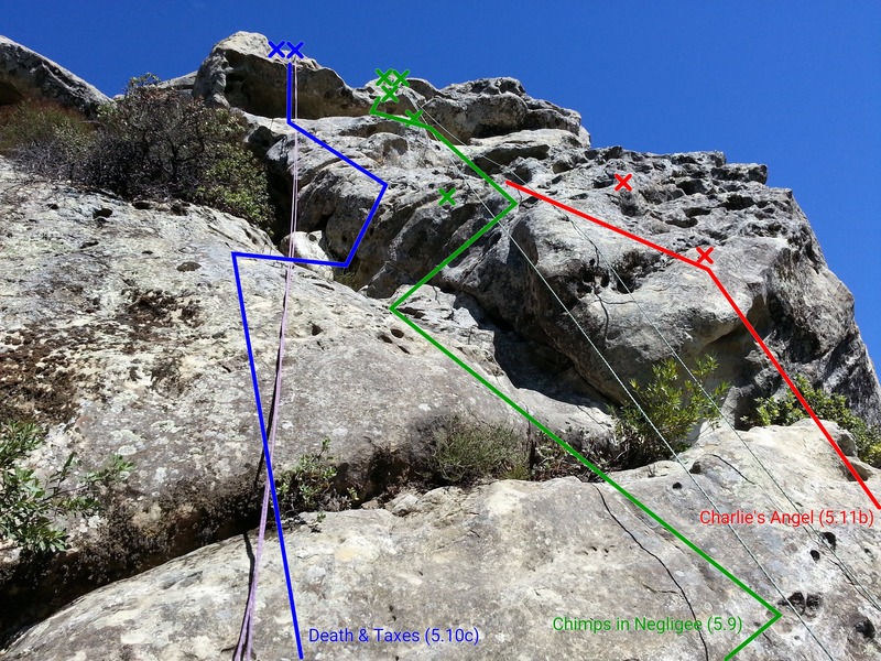 Chimps in Négligée (5.9),<br>
Death & Taxes (5.10c), and<br>
Charlie's Angel (5.11b)