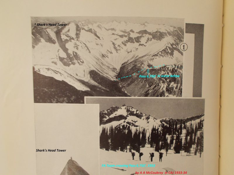 Upper Pinnacle Creek and the McCoubrey expedition's cross-country route up Campbell Creek and over Pass 6,750<br>
<br>
Canadian Alpine Journal 1933-34