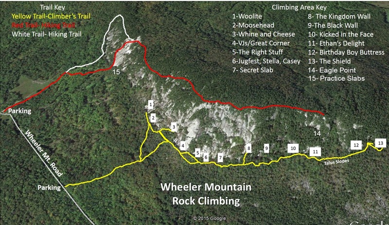Map of Wheeler Mountain including climber's trails, hiking trails, as well as locations of different crags.
